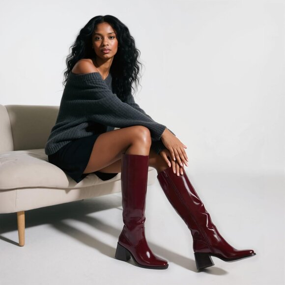 Women's Knee High Boots with Zipper Square Toe Chunky Heeled Tall Boots - Picture 4 of 7